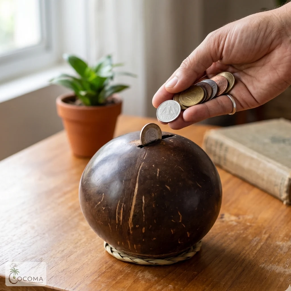 Coconut Shell Hundial (Coin Bank) – Handmade Eco-Friendly Piggy Bank for Kids & Home Decor