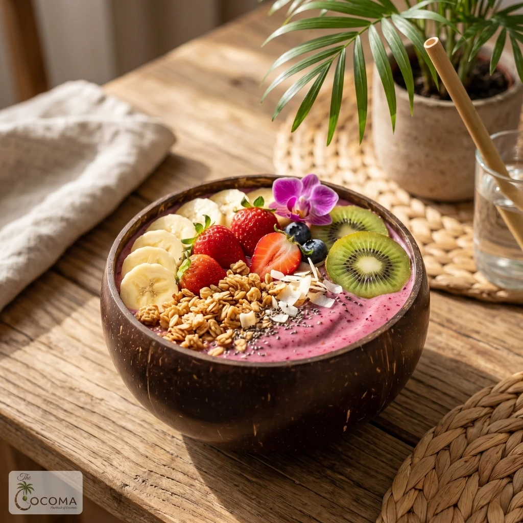coconut-bowl-smoothie-usecase-eco-friendly Coconut bowl styled in home decor setup natural sustainable kitchen aestheticCoconut bowl styled in home decor setup natural sustainable kitchen aesthetic
