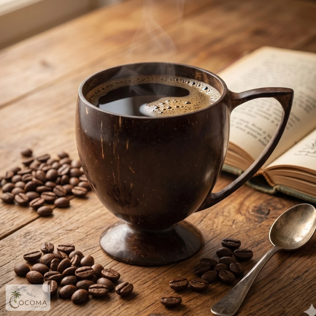 Coconut Shell Coffee Cup with Shell Handle – Handmade Eco-Friendly Natural Tea & Coffee Mug