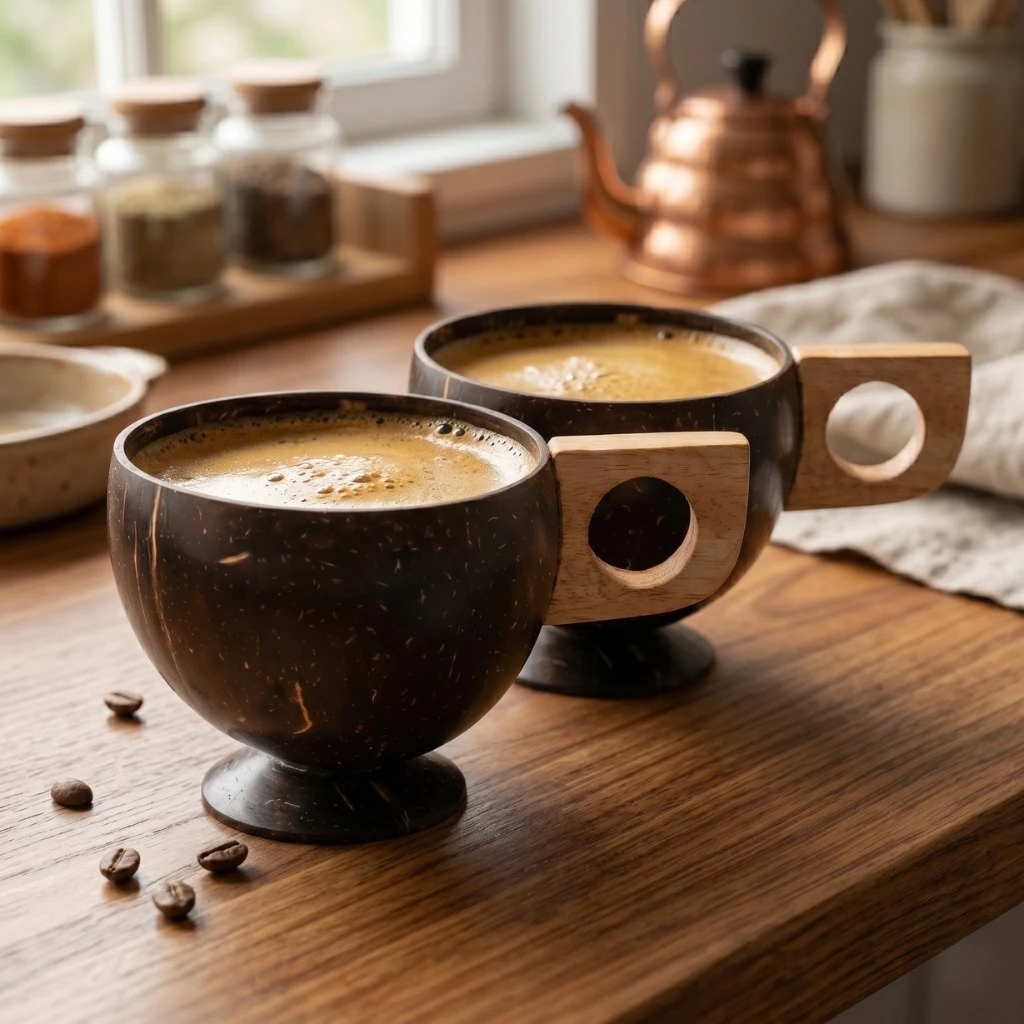 Coconut Shell Coffee Cup with Wooden Handle – Handmade Eco-Friendly Natural Tea & Coffee Mug