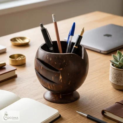 Coconut shell pen stand handmade eco-friendly desk organizer with decorative cut design