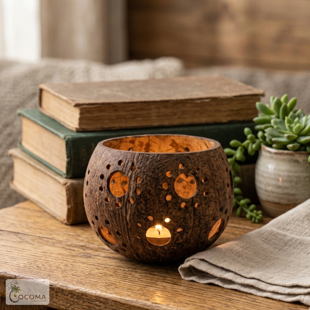 Coconut Shell Tea Light Holder – Handmade Eco-Friendly Candle Holder with Decorative Cut Design