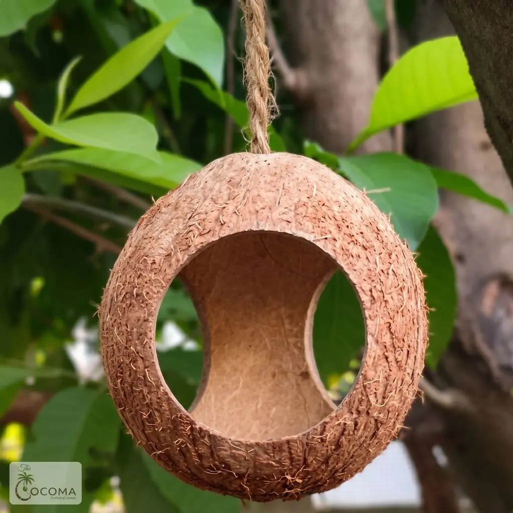 Handmade Coconut Shell Bird Feeder | 3 Hole Hanging Bird Feeder for Garden