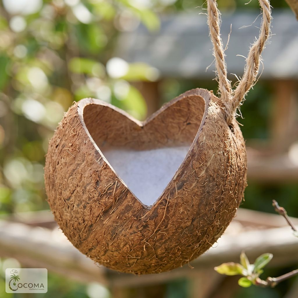 Handmade Coconut Shell V Cut Bird Feeder | Eco-Friendly Hanging Bird Feeder